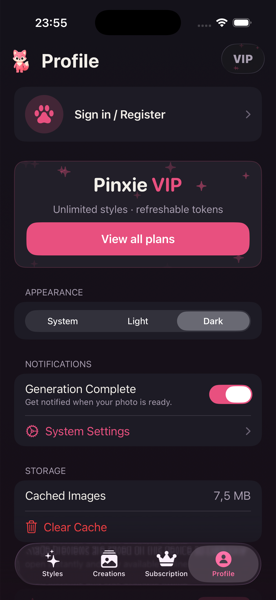 Pinxie Profile screen